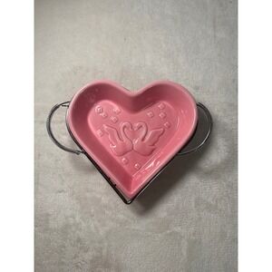 Vintage Pink Ceramic Heart Swan Dish with Silver Metal Wire Carrier Rack Tray